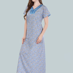 Be You Women Blue Printed Maxi Nightdress