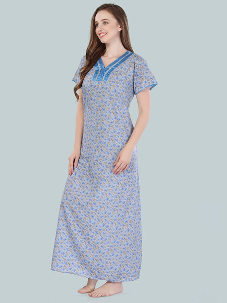Be You Women Blue Printed Maxi Nightdress