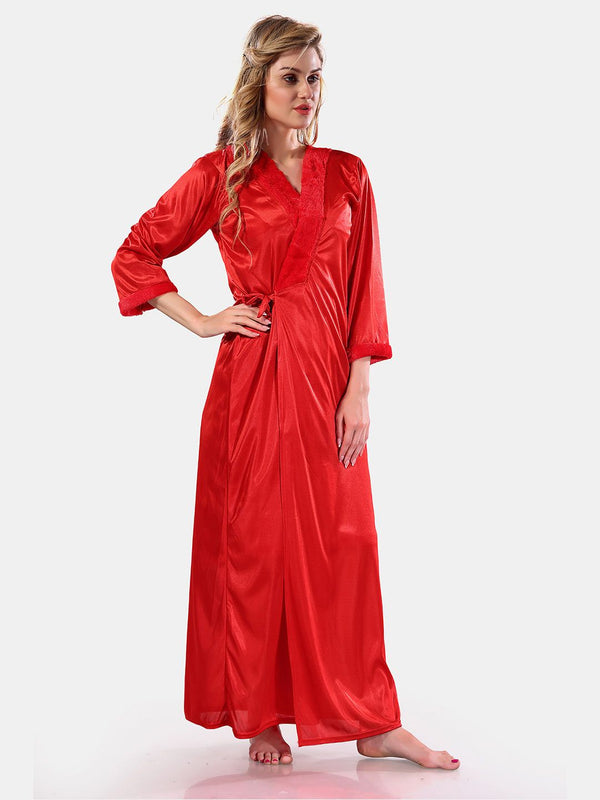 Be You V Neck Lace Up Details Satin Nightdress With Robe