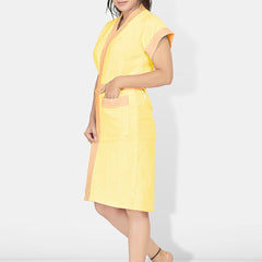 Be You Two-Tone Yellow Solid Cotton Drawstring Knee Length Bath Robe-L/XL