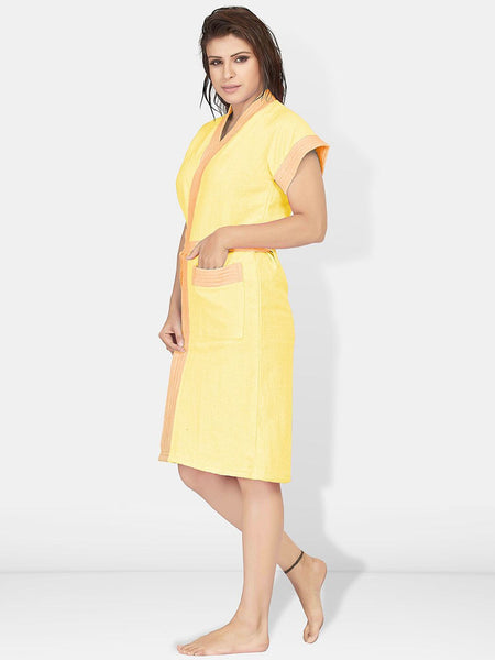 Be You Two-Tone Yellow Solid Cotton Drawstring Knee Length Bath Robe-L/XL