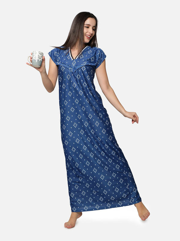Be You Women Blue Printed Maxi Maternity Nightdress