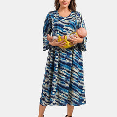 Be You Tie and Dye Printed Round Neck Bell Sleeves Maternity Fit & Flare Midi Dress