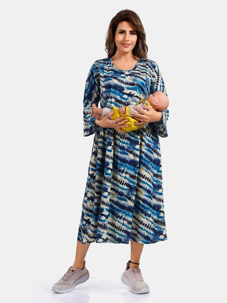 Be You Tie and Dye Printed Round Neck Bell Sleeves Maternity Fit & Flare Midi Dress