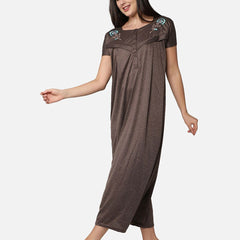 Be You Women Coffee Brown Embroidered Maxi Maternity Nightdress