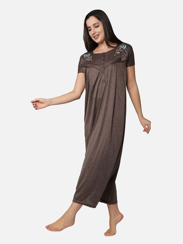 Be You Women Coffee Brown Embroidered Maxi Maternity Nightdress