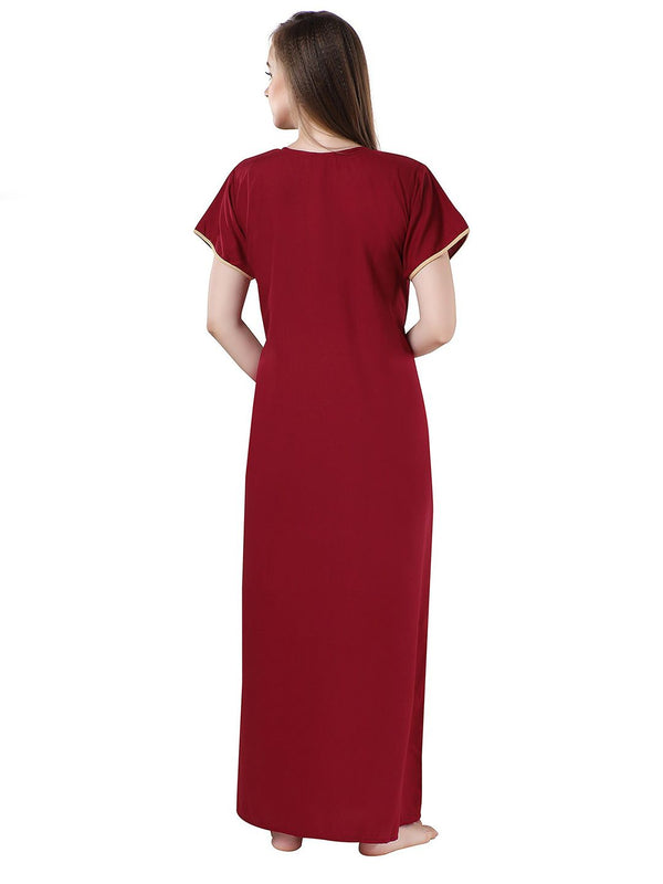 Be You Maroon Embroidered Maxi Nightdress