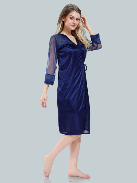 Be You Solid Lace Details Satin Nighty with Robe