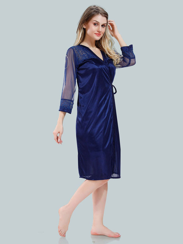 Be You Solid Lace Details Satin Nighty with Robe