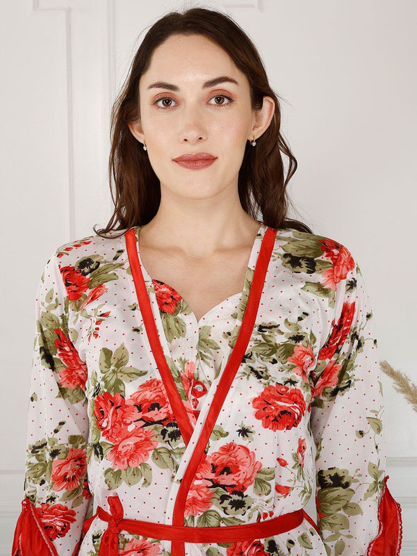 Be You Floral Printed Shoulder Straps Satin Maxi Nightdress With Robe