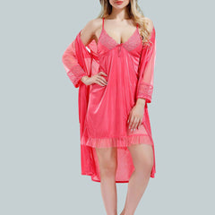 Be You Solid Lace Details Satin Nighty with Robe