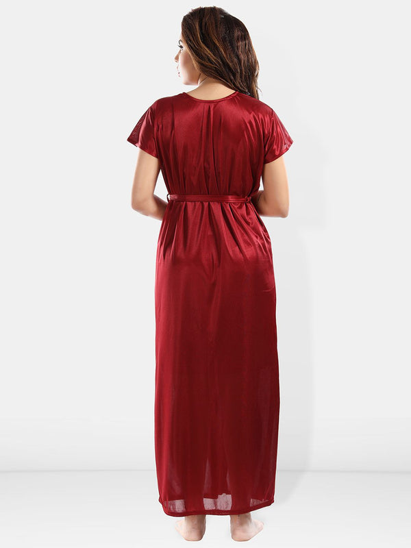 Be You Shoulder Straps Laced Nightdress With Satin Robe And Briefs