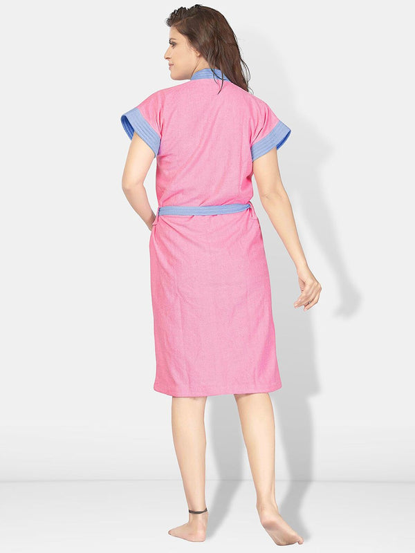 Be You Two-Tone Pink Solid Cotton Drawstring Knee Length Bath Robe-L/XL