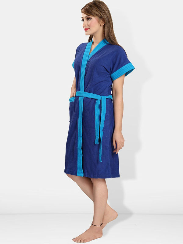 Be You Blue Solid Cotton Drawstring Knee Length Bath Robe