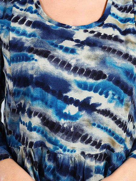 Be You Tie and Dye Printed Round Neck Bell Sleeves Maternity Fit & Flare Midi Dress