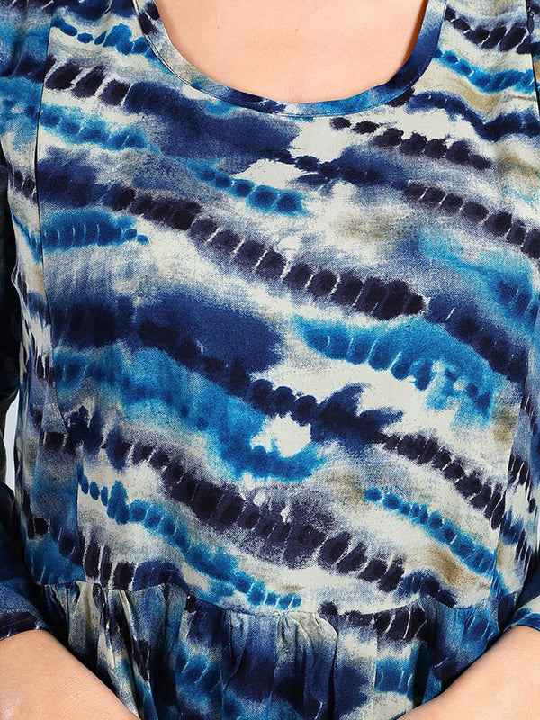 Be You Tie and Dye Printed Round Neck Bell Sleeves Maternity Fit & Flare Midi Dress