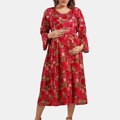 Be You Abstract Printed Bell Sleeves Maternity Fit and Flare Dress