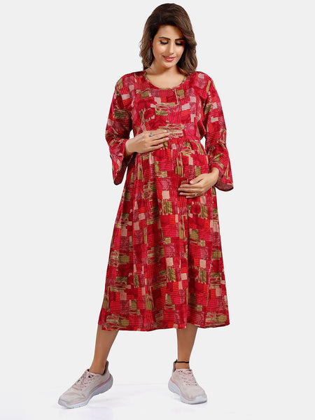 Be You Abstract Printed Bell Sleeves Maternity Fit and Flare Dress