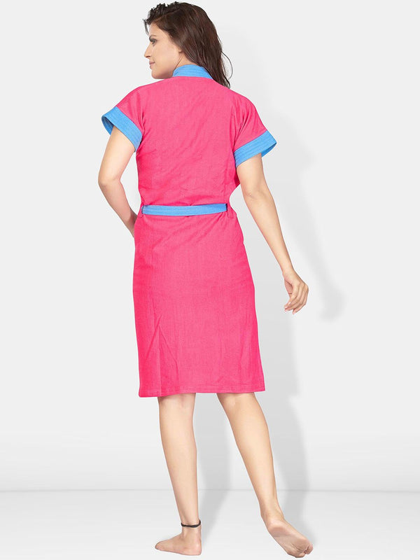 Be You Blue Solid Cotton Drawstring Knee Length Bath Robe