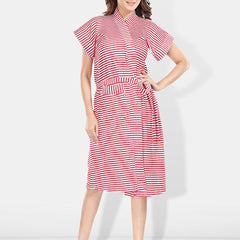 Be You Red Striped Cotton Drawstring Knee Length Bath Robe-2XL