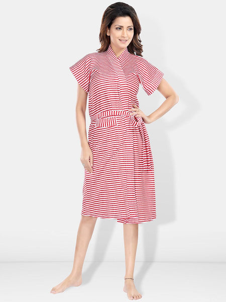 Be You Red Striped Cotton Drawstring Knee Length Bath Robe-2XL