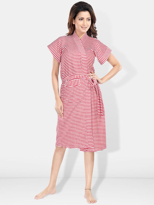 Be You Red Striped Cotton Drawstring Knee Length Bath Robe-2XL