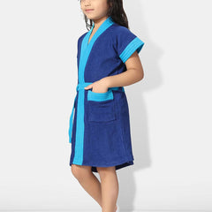 Be You Two-Tone Blue Solid Cotton Drawstring Knee Length Bath Robe