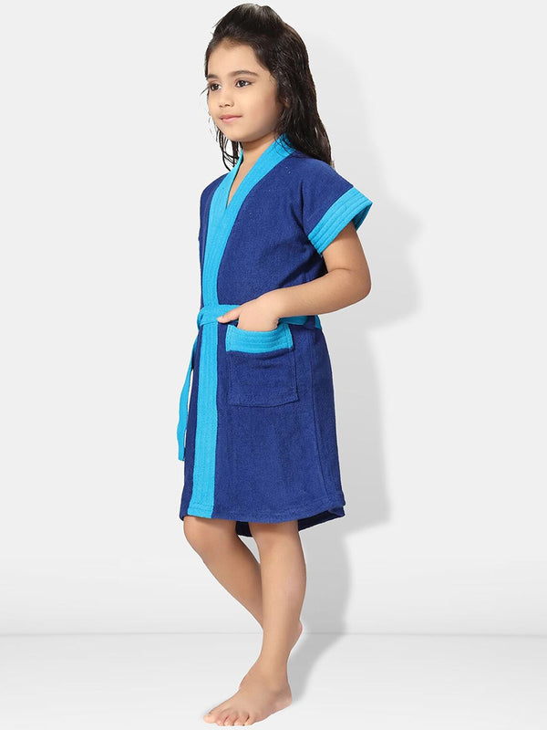 Be You Two-Tone Blue Solid Cotton Drawstring Knee Length Bath Robe