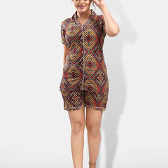 Be You Lapel Collar Geometric Printed Printed Night suit