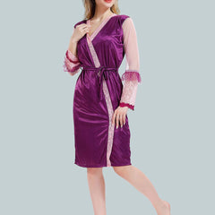Be You Solid Lace Details Satin Nighty with Robe