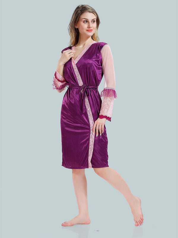 Be You Solid Lace Details Satin Nighty with Robe
