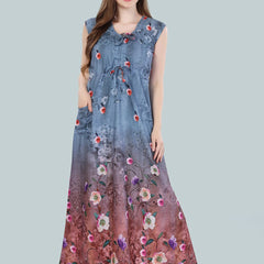 Be You Women Grey Floral Printed Maxi Nightdress
