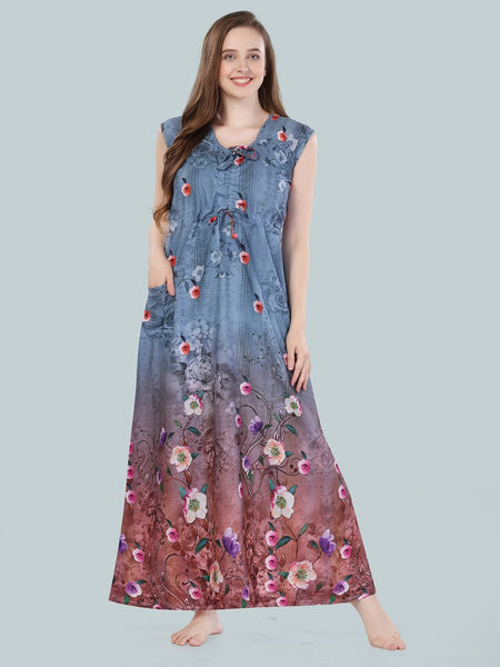 Be You Women Grey Floral Printed Maxi Nightdress