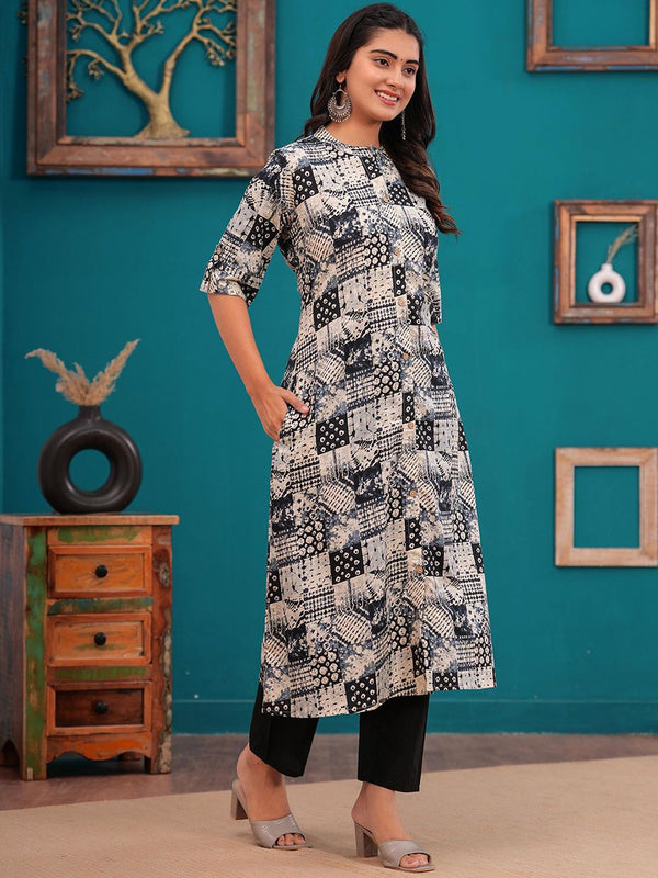 Be You Abstract Printed Mandarin Collar A-Line Kurta With Trousers