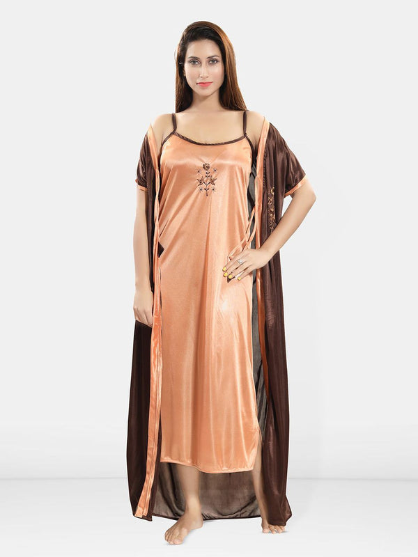 Be You Women Shoulder Strap Embroidered Nightdress with Robe