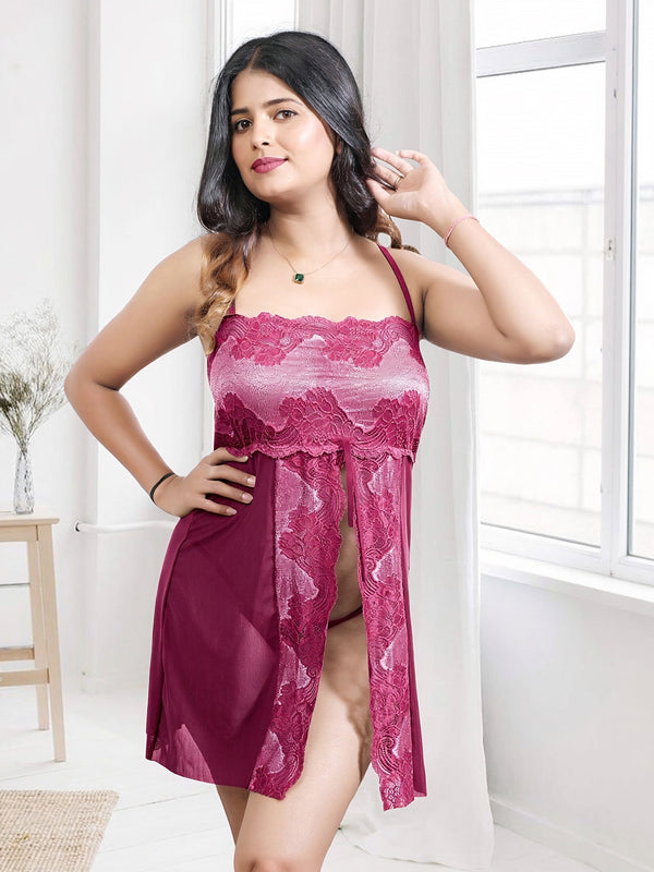 Power Net Self Design Baby Doll Nighty For Women-Free Size