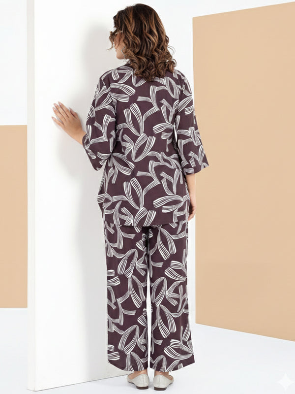 Rayon Abstract Leaf Print Top With Trousers Co-Ord Set For Women