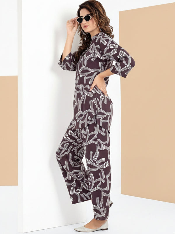 Rayon Abstract Leaf Print Top With Trousers Co-Ord Set For Women