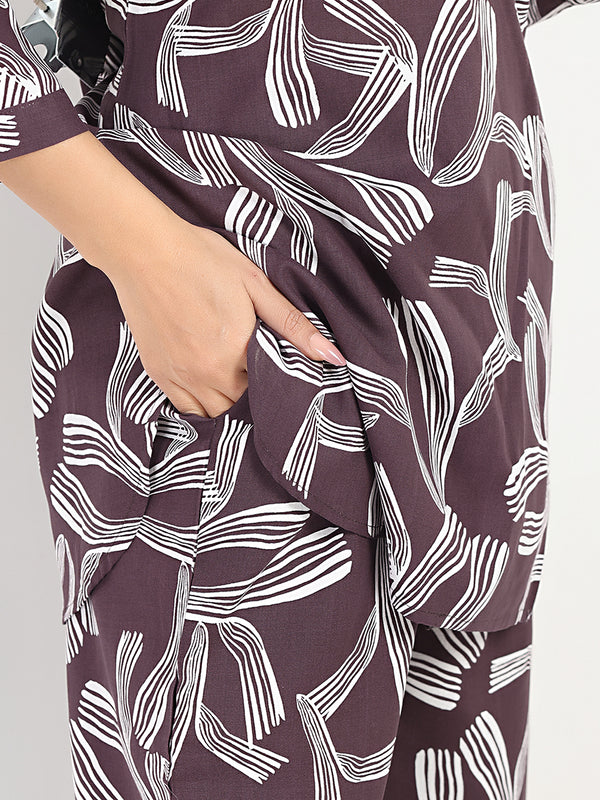 Rayon Abstract Leaf Print Top With Trousers Co-Ord Set For Women