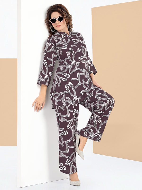 Rayon Abstract Leaf Print Top With Trousers Co-Ord Set For Women