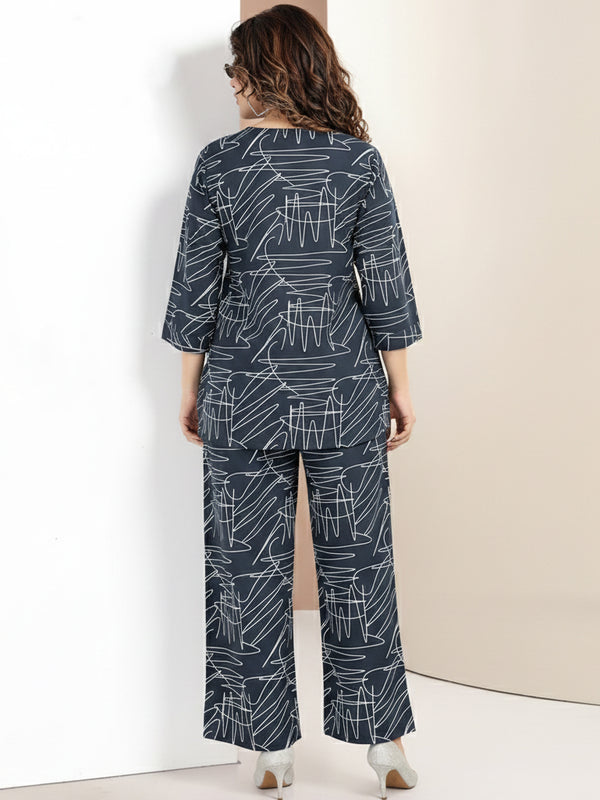 Rayon Abstract Leaf Print Top With Trousers Co-Ord Set For Women