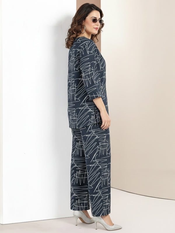 Rayon Abstract Leaf Print Top With Trousers Co-Ord Set For Women