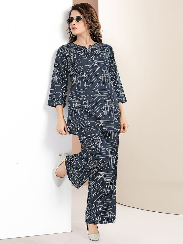 Rayon Abstract Leaf Print Top With Trousers Co-Ord Set For Women