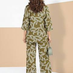Rayon Abstract Leaf Print Top With Trousers Co-Ord Set For Women