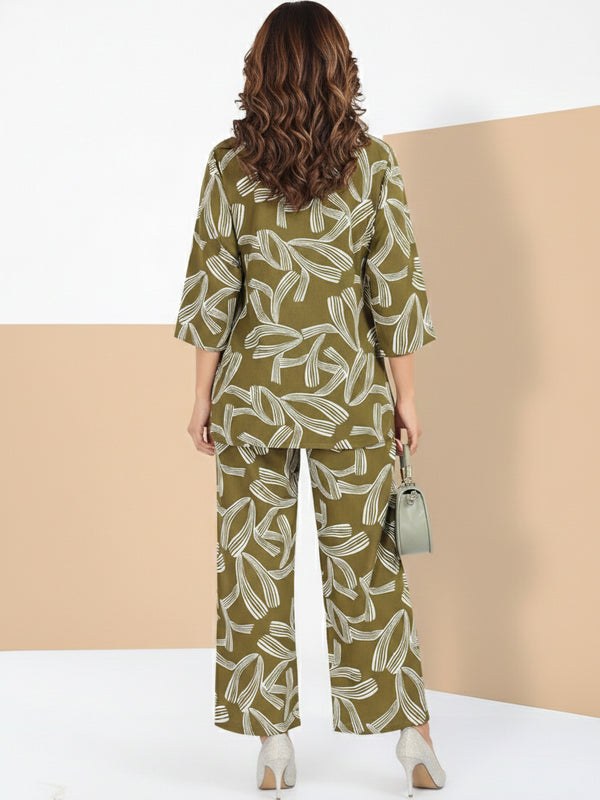 Rayon Abstract Leaf Print Top With Trousers Co-Ord Set For Women
