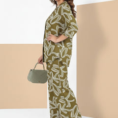 Rayon Abstract Leaf Print Top With Trousers Co-Ord Set For Women