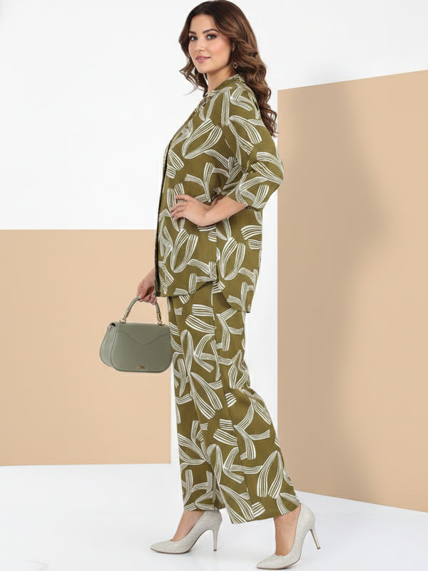 Rayon Abstract Leaf Print Top With Trousers Co-Ord Set For Women