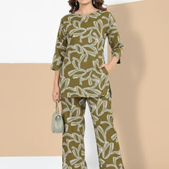 Rayon Abstract Leaf Print Top With Trousers Co-Ord Set For Women