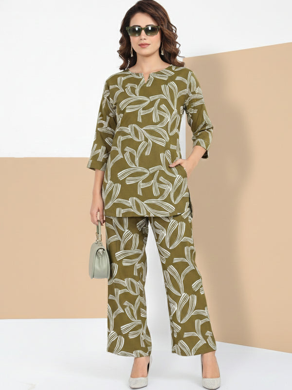 Rayon Abstract Leaf Print Top With Trousers Co-Ord Set For Women