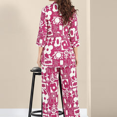Rayon Abstract Leaf Print Top With Trousers Co-Ord Set For Women